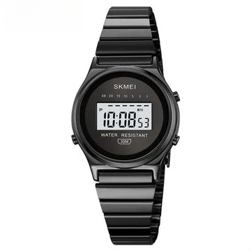 Skmei waterproof ladies watch, black dial and black metal bracelet with digital display
