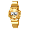 Skmei waterproof ladies watch, gold dial and gold metal bracelet with digital display