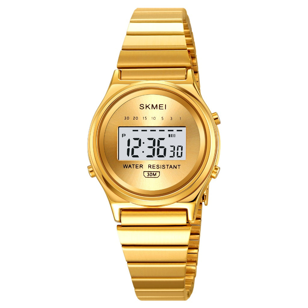 Skmei waterproof ladies watch, gold dial and gold metal bracelet with digital display