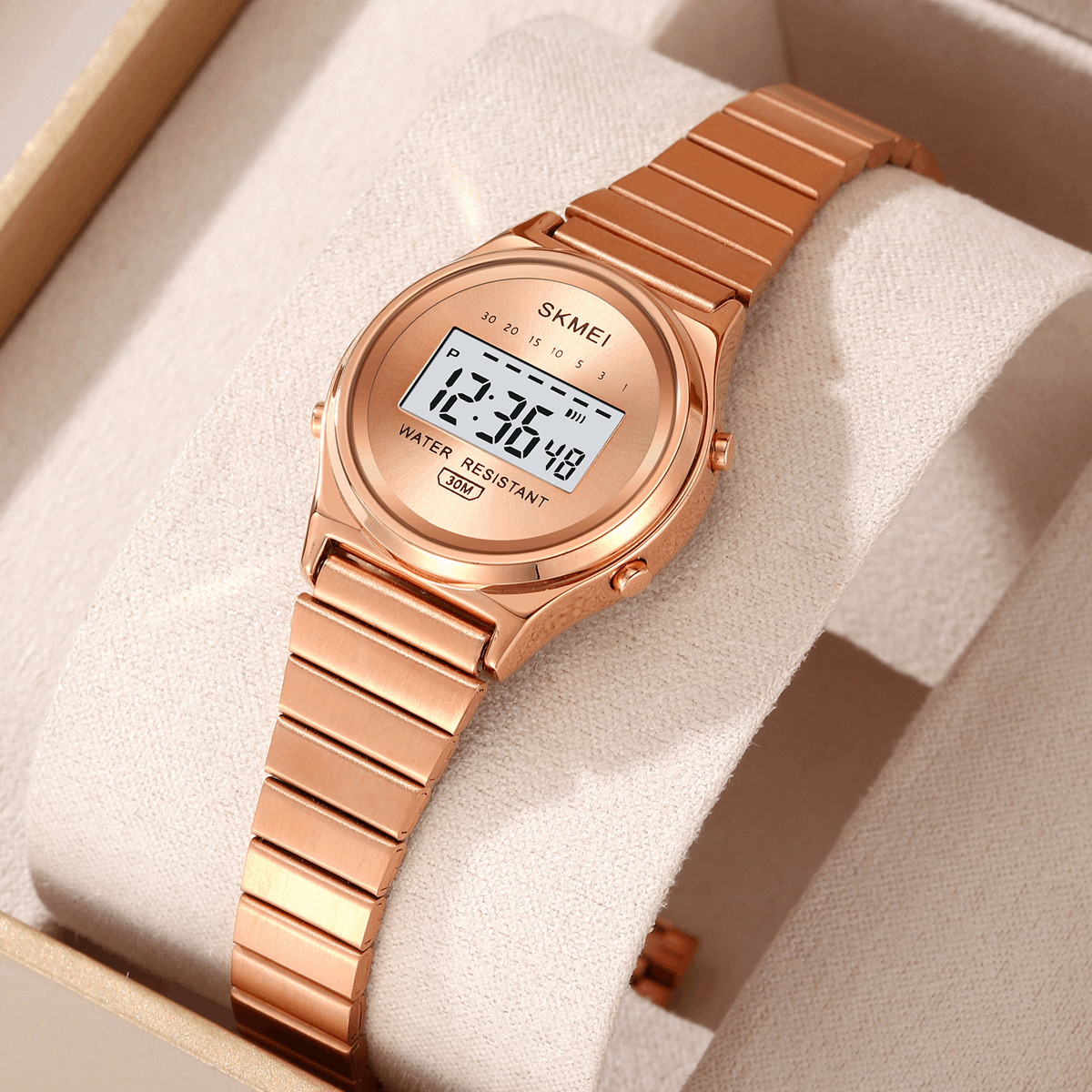 Rose gold waterproof ladies digital watch with metal link bracelet and round case