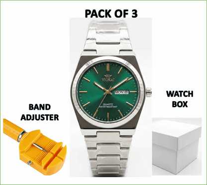 Viokai men's waterproof quartz watch with green dial and metal link bracelet