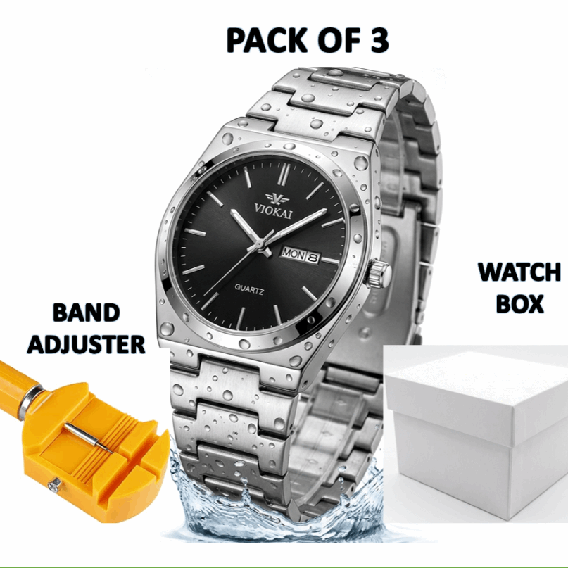 Viokai men's waterproof quartz watch with black dial and metal link bracelet