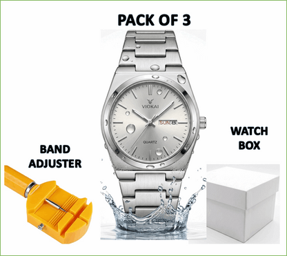Viokai men's waterproof quartz watch with light dial and metal link bracelet