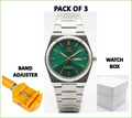 Waterproof quartz watch for men, green dial, silver metal bracelet