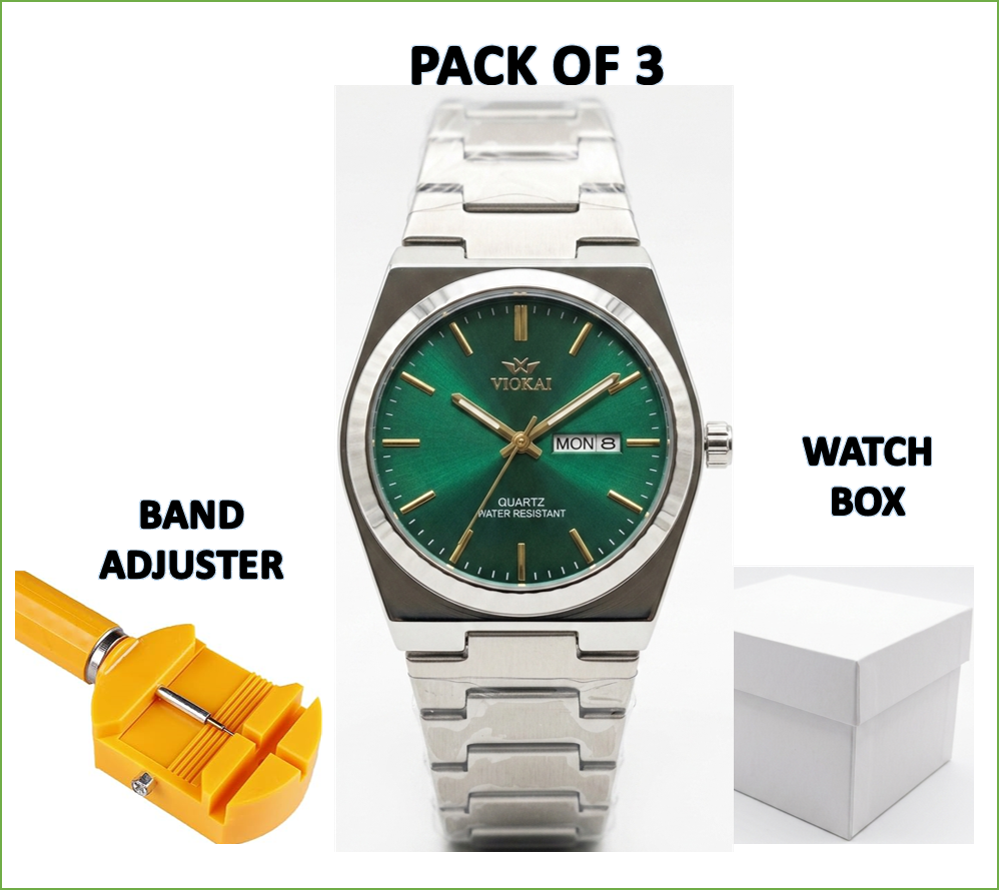 Waterproof quartz watch for men, green dial, silver metal bracelet