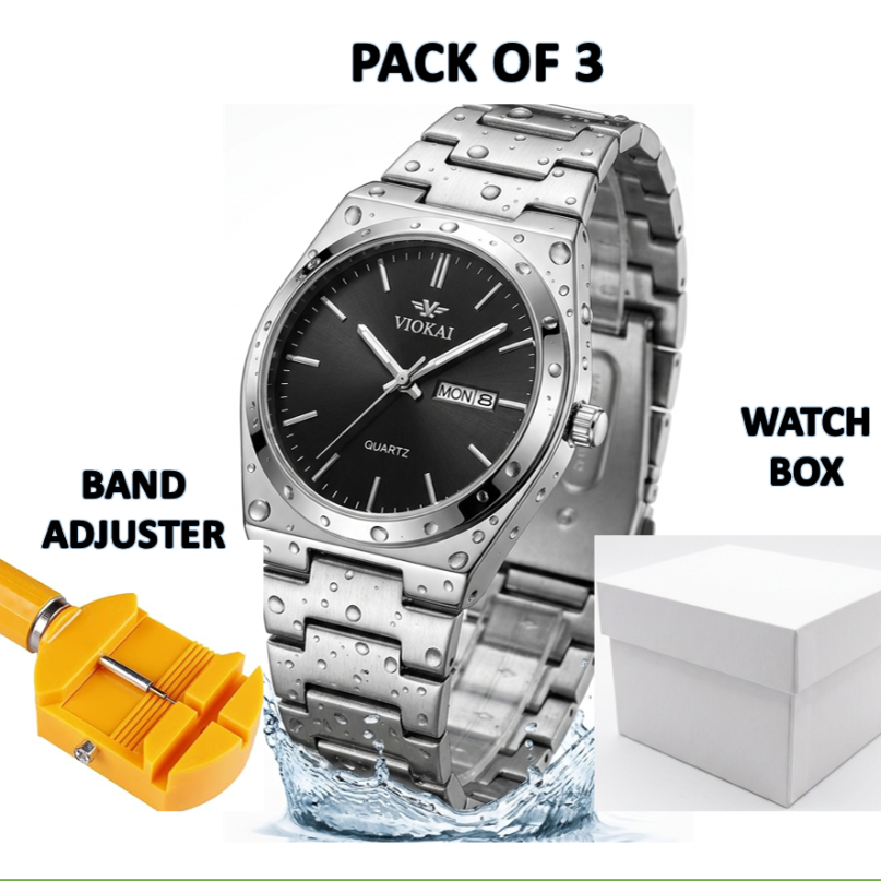 Waterproof quartz watch for men, black dial, silver metal bracelet