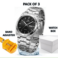 Waterproof quartz watch for men, black dial, silver metal bracelet