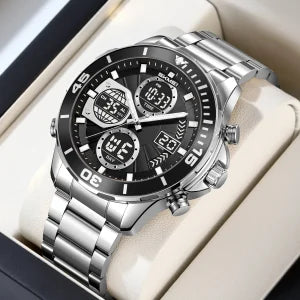 SKMEI waterproof men's wristwatch, angled view, black dial with metal bracelet in box