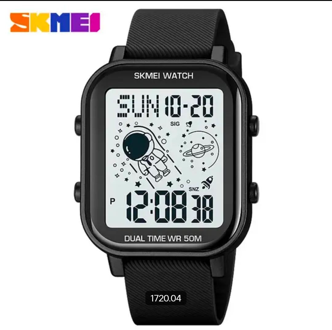 Men's black waterproof digital watch with dual time and rubber strap, square case