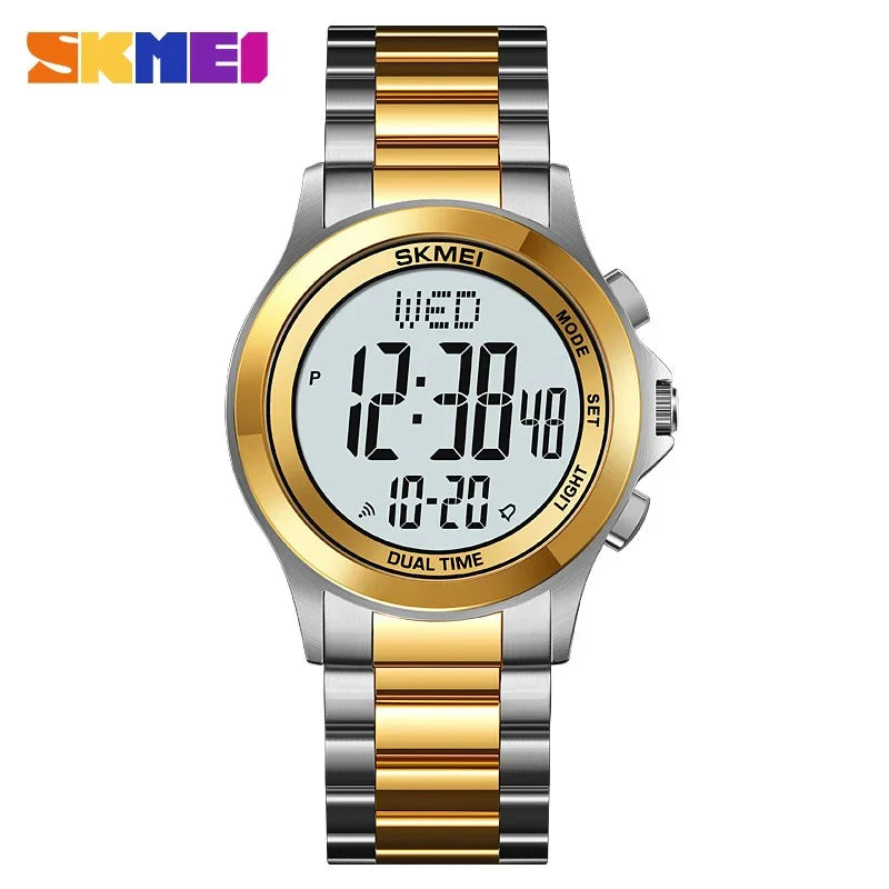Skmei waterproof men's digital watch, gold-tone dial with gold accents on metal band