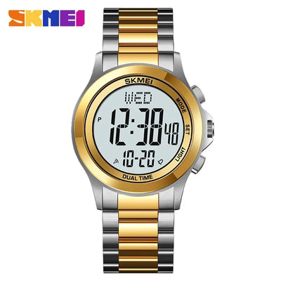 Skmei waterproof men's digital watch, gold-tone dial with gold accents on metal band