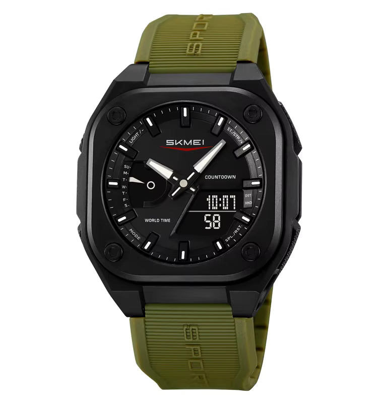 Black waterproof men’s wristwatch with three-hand dial, black rubber strap, rugged case