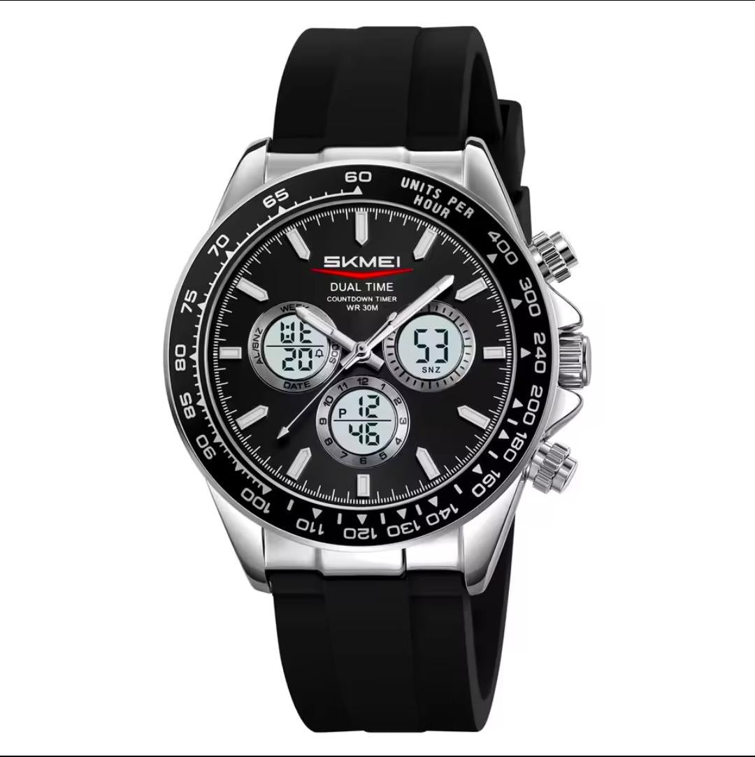 Men's Skmei waterproof wristwatch with black dial, dual time, metal bezel, rubber strap
