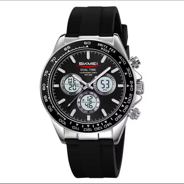 Men's Skmei waterproof wristwatch with black dial, dual time, metal bezel, rubber strap