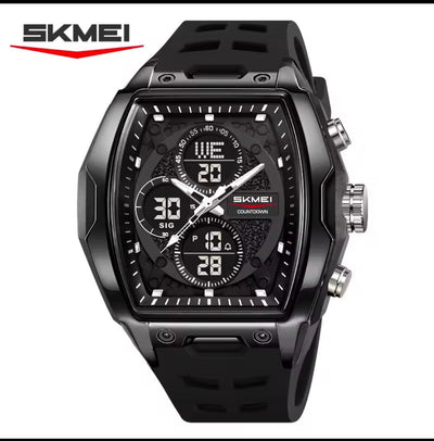 Men's SKMEI waterproof wristwatch, black-tone case, black dial, black rubber strap