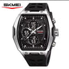 Men's SKMEI waterproof wristwatch, silver-tone case, black dial, black rubber strap