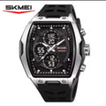 Men's SKMEI waterproof wristwatch, silver-tone case, black dial, black rubber strap