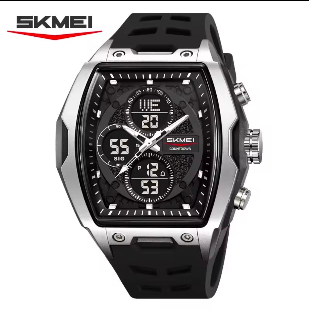 Men's SKMEI waterproof wristwatch, silver-tone case, black dial, black rubber strap