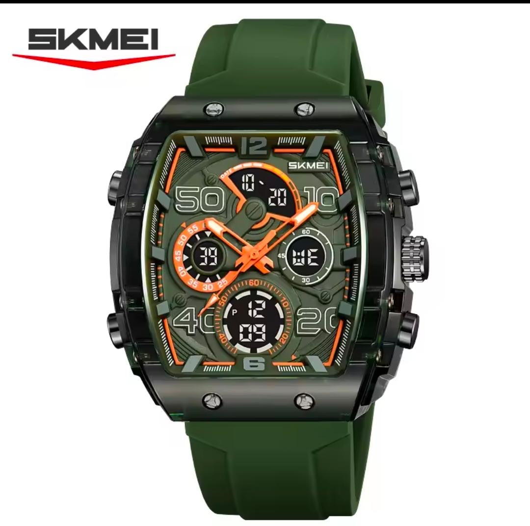 Skmei men's waterproof watch with green silicone strap and dark green dial, orange accents
