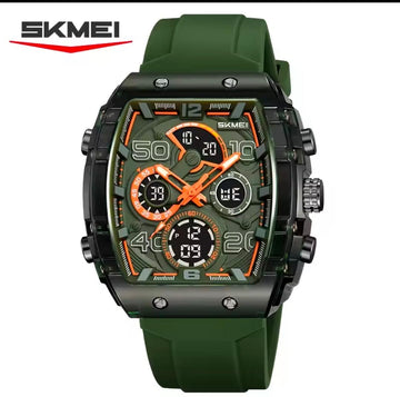 Skmei men's waterproof watch with green silicone strap and dark green dial, orange accents