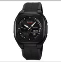 Black waterproof men’s wristwatch with three-hand dial, black rubber strap, rugged case
