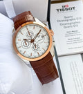 Tissot 1853 Chronograph Quartz G10 with white dial, rose gold bezel and brown leather strap