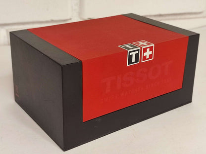 Rectangular watch presentation case box with red lid and logo, black sides.