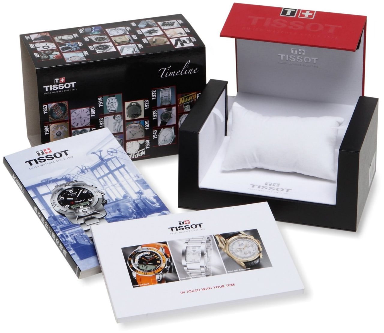 Watch presentation case with black lid, white insert, and booklet cards