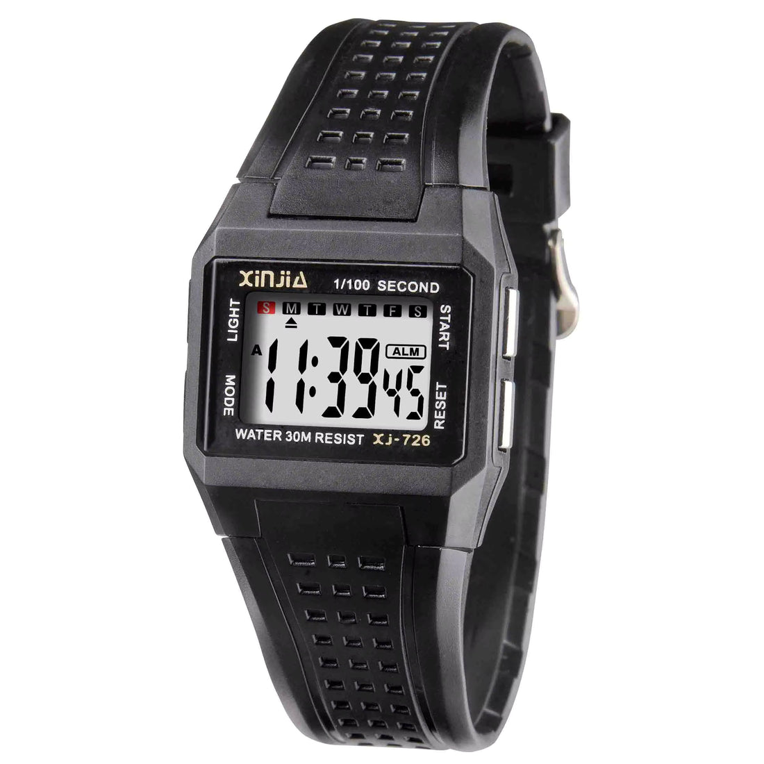 Xinjia digital sports watch with black rubber strap, rectangular case, LCD display