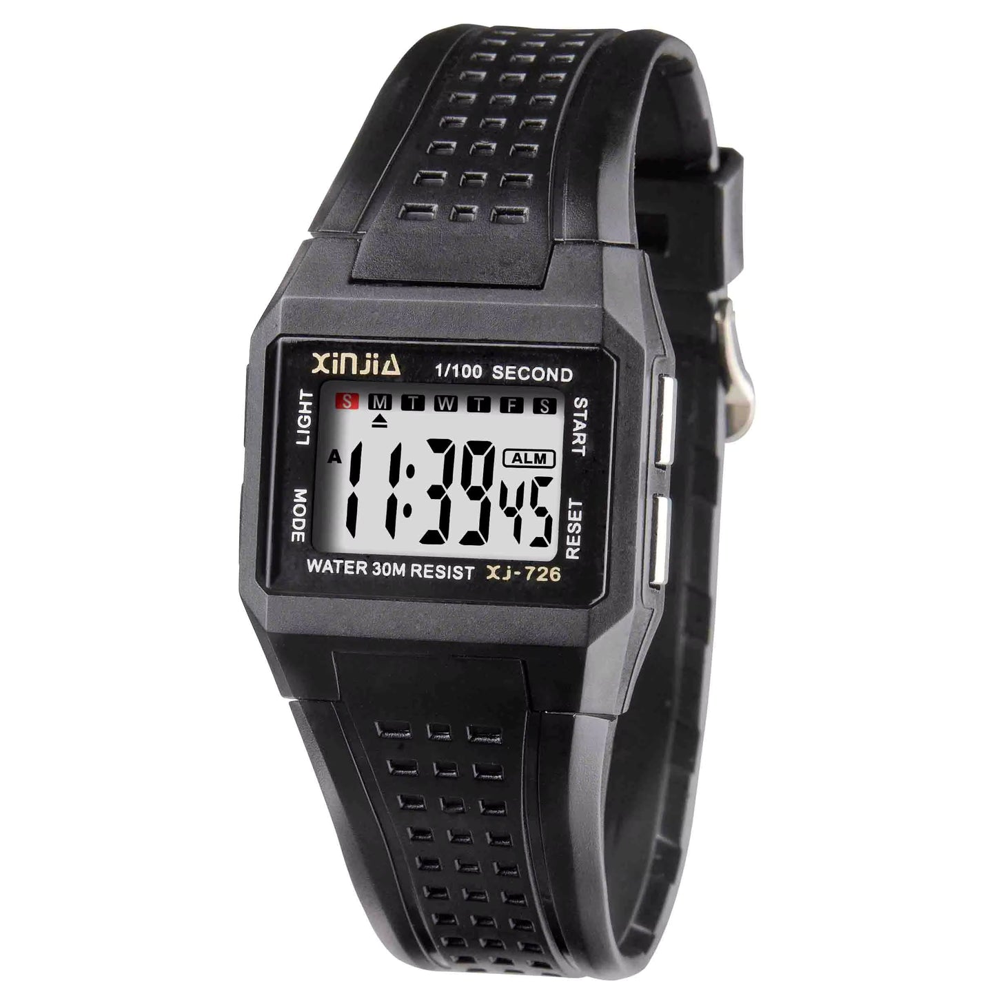 Xinjia digital sports watch with black rubber strap, rectangular case, LCD display