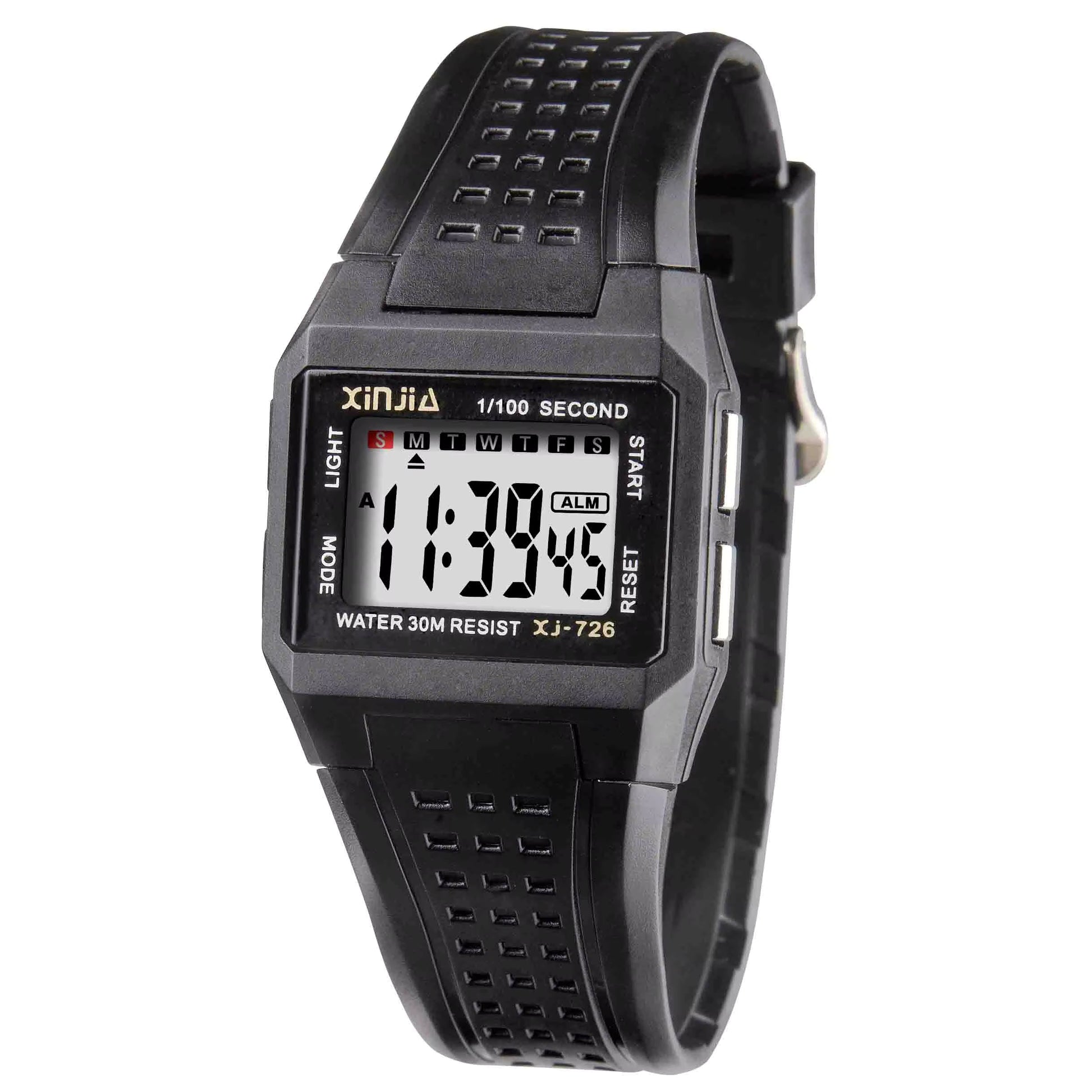 Xinjia digital sports watch with black rubber strap, rectangular case, LCD display