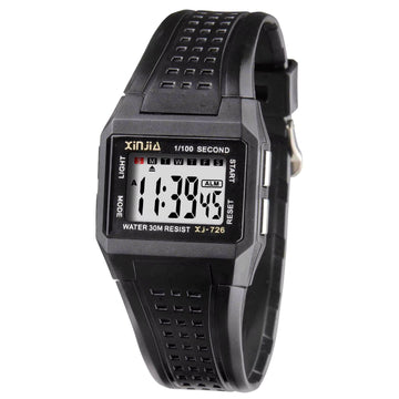 Xinjia digital sports watch with black rubber strap, rectangular case, LCD display
