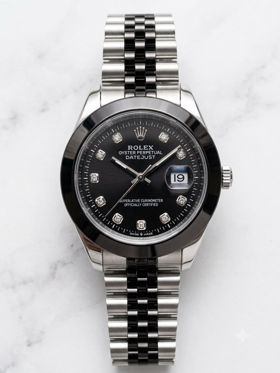 Stainless steel luxury watch with black dial, Rolex date display, diamond markers