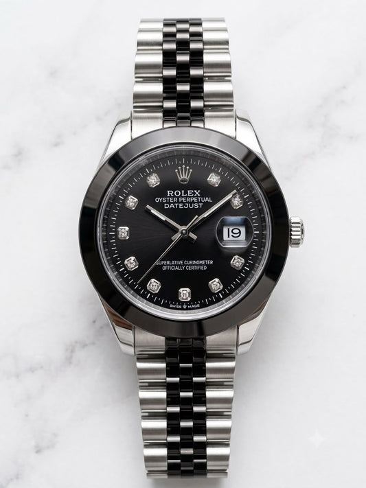 Stainless steel luxury watch with black dial, Rolex date display, diamond markers
