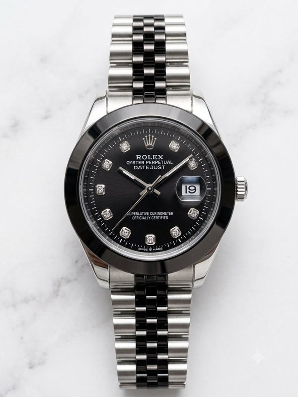 Black Dial Silver Stainless Steel Luxury Watch – Diamond Markers & Date Display