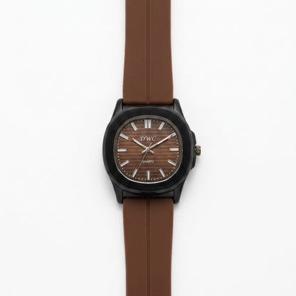Men's quartz watch with black case and brown silicone strap, brown dial
