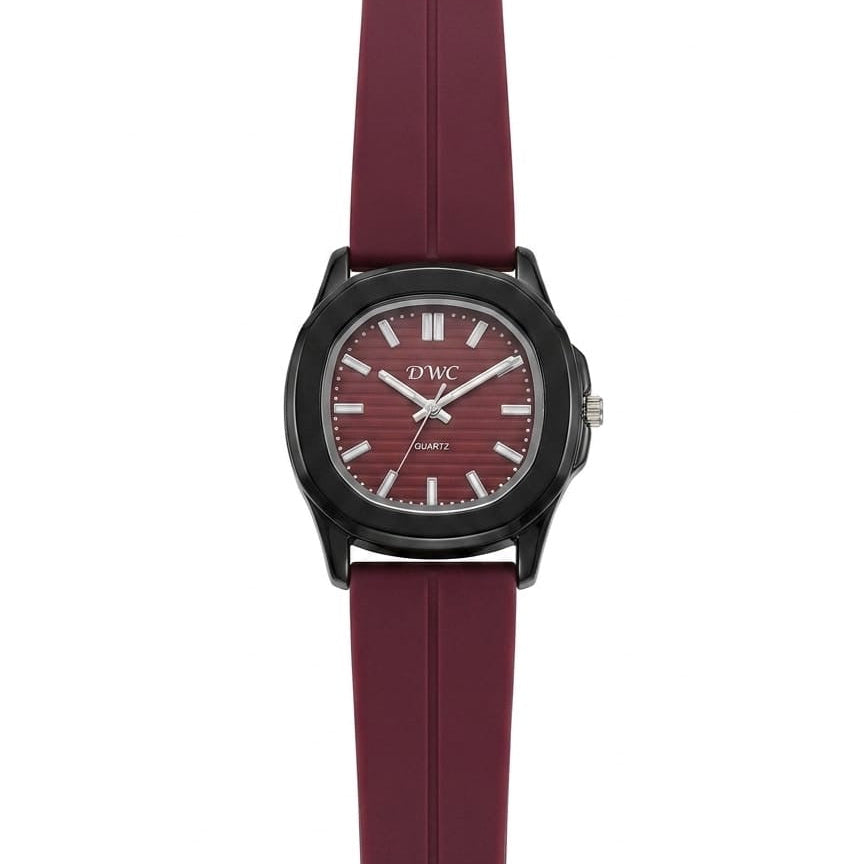 Men's quartz watch with burgundy silicone strap and burgundy dial, black case