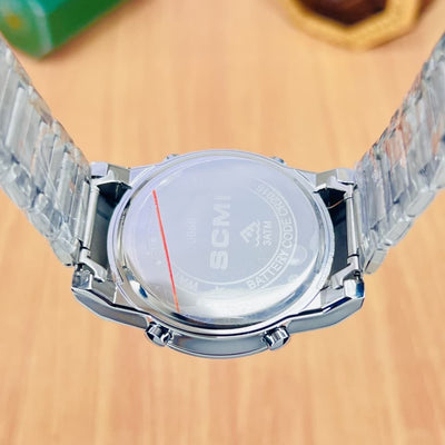 Digital alarm men's watch, silver metal band, rear case and round back visible.