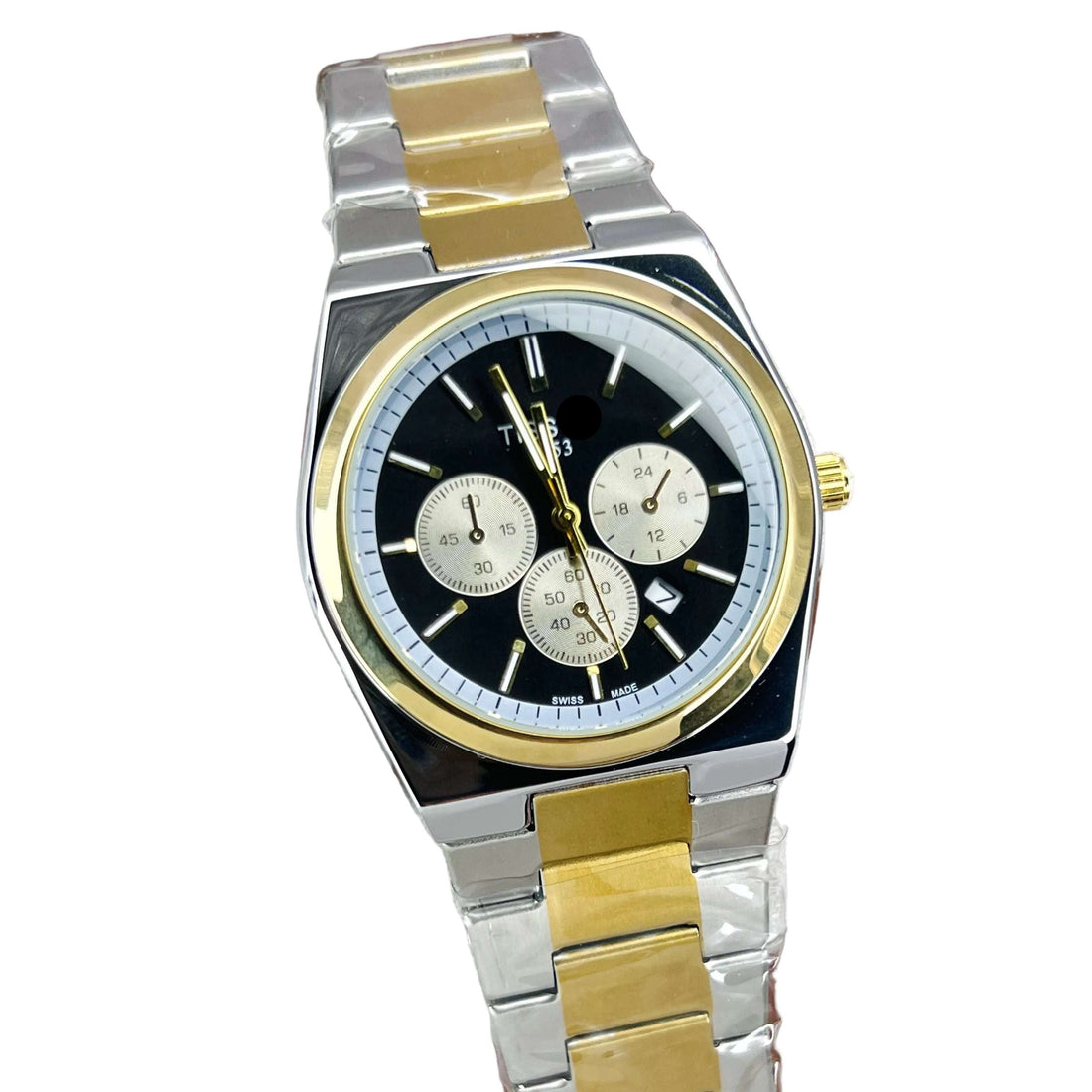 Two-tone chronograph men’s watch with black dial, gold accents, silver metal link bracelet