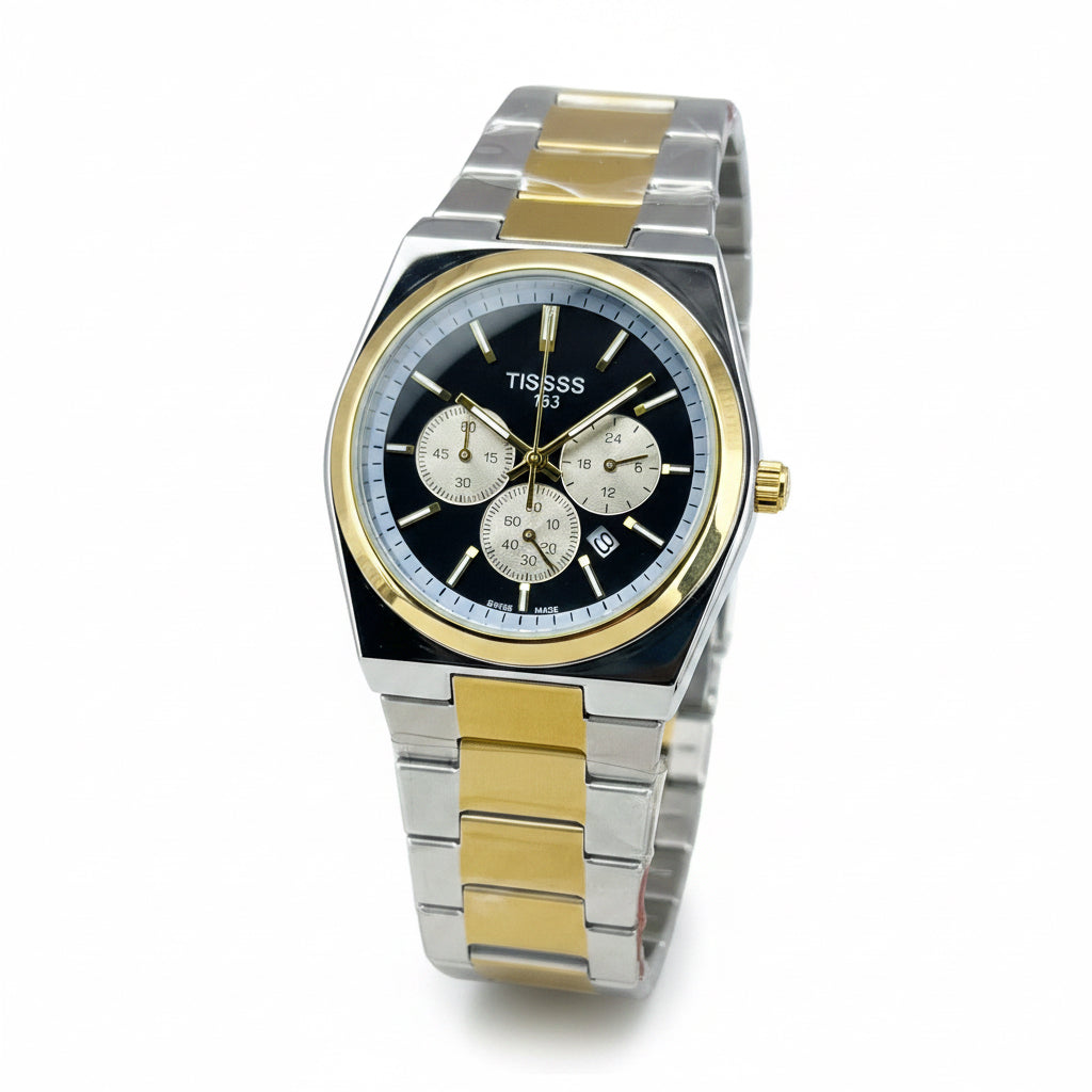 Two-tone chronograph men’s watch with black dial, gold accents, silver metal link bracelet