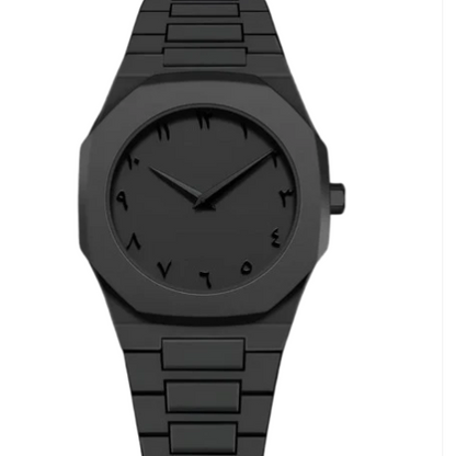 Black wristwatch with octagonal case, black dial and linked black bracelet
