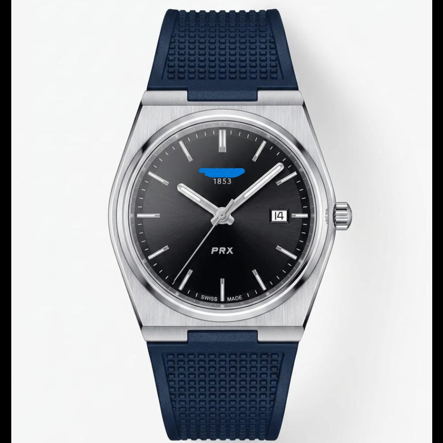 Men's silicone strap watch with black dial and dark blue rubber band, round steel case.