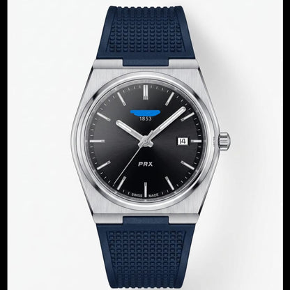 Men's silicone strap watch with black dial and dark blue rubber band, round steel case.