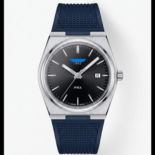 Men's silicone strap watch with black dial and dark blue rubber band, round steel case.