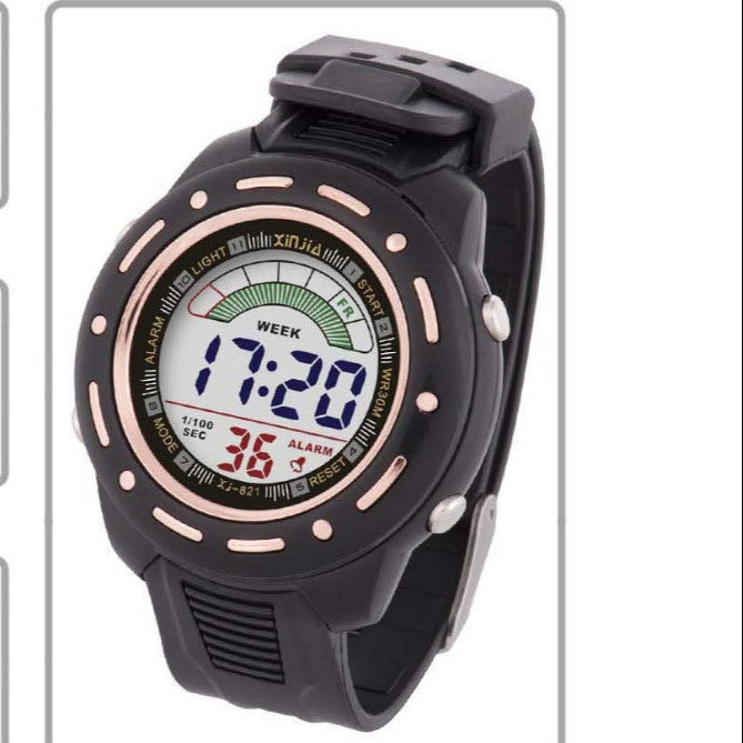 Digital sports watch with black resin band, rose-gold bezel accents, LCD display