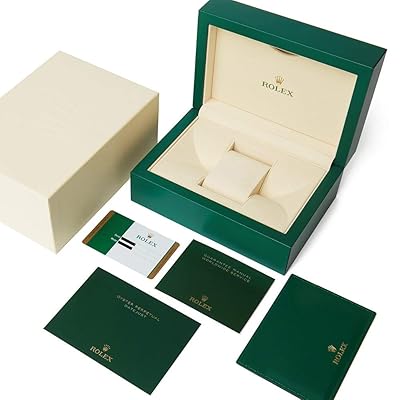 Rolex watch box with green lid, beige insert, and five paper folders and cards