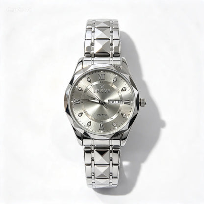 Silver diamond-cut glass watch with grey dial on metal bracelet