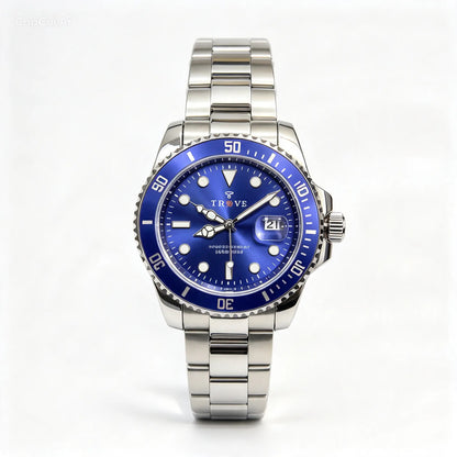 Men's stainless steel watch with blue dial and blue bezel