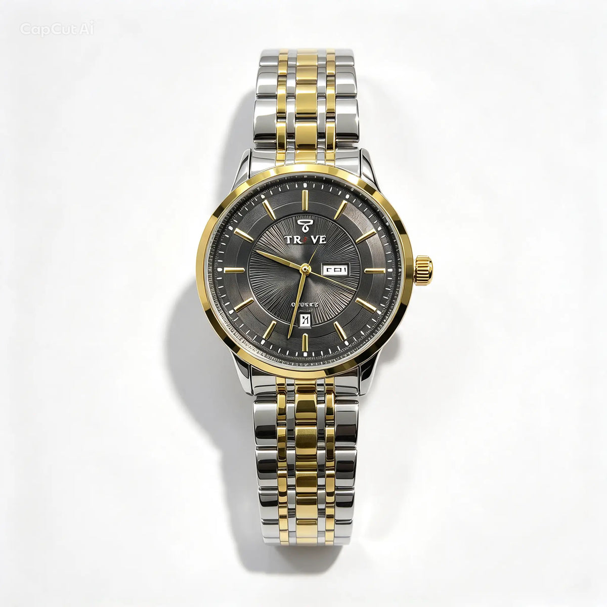 Two-tone bracelet watch with dark dial, gold accents on bezel and hands, round case