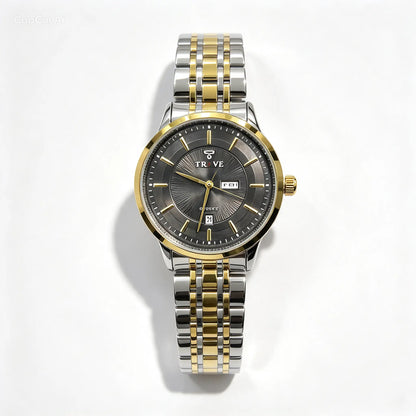 Two-tone bracelet watch with dark dial, gold accents on bezel and hands, round case